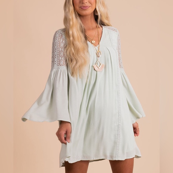 light/sage green boho dress - medium, mini, bell sleeve, boho, sundress - Picture 1 of 10